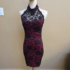 Chic Black and Red Lace Halter Mini Dress